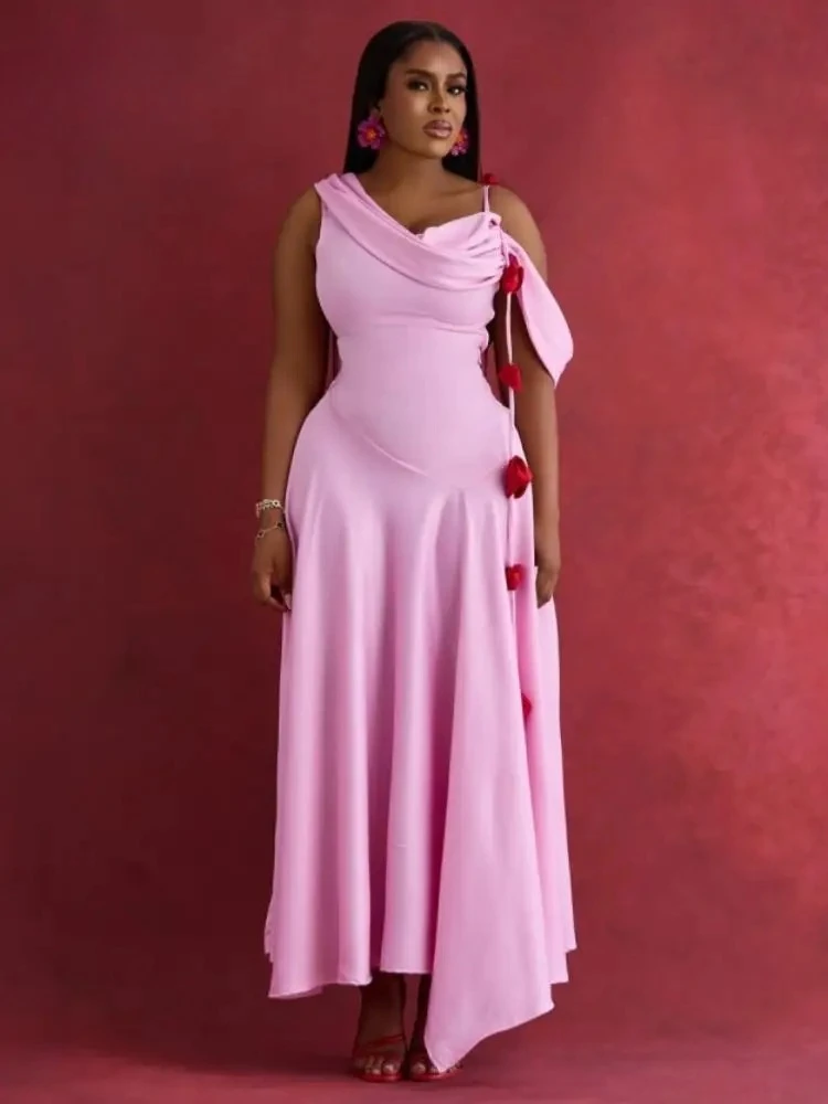 

2025 Summer Women's Elegant Floral Applique Off Shoulder Comfort Sleeveless Irregular A-Line Maxi Dress Party Evening Clubwear
