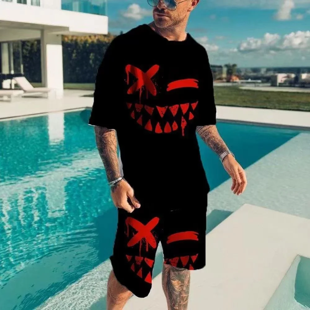 

Летний комплект футболок в европейском и американском стиле, черно-белые мужские повседневные спортивные шорты со смайликом, дышащая удобная одежда