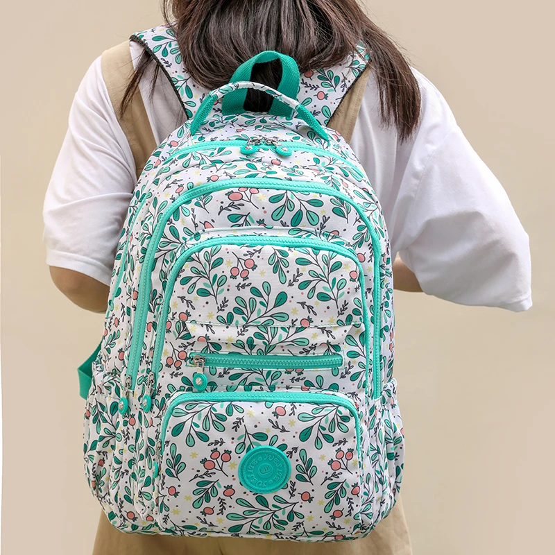 Mochila de nylon estampada para mulheres, mochila escolar para meninas, mochila de viagem de grande capacidade para mulheres, caminhada ao ar livre,