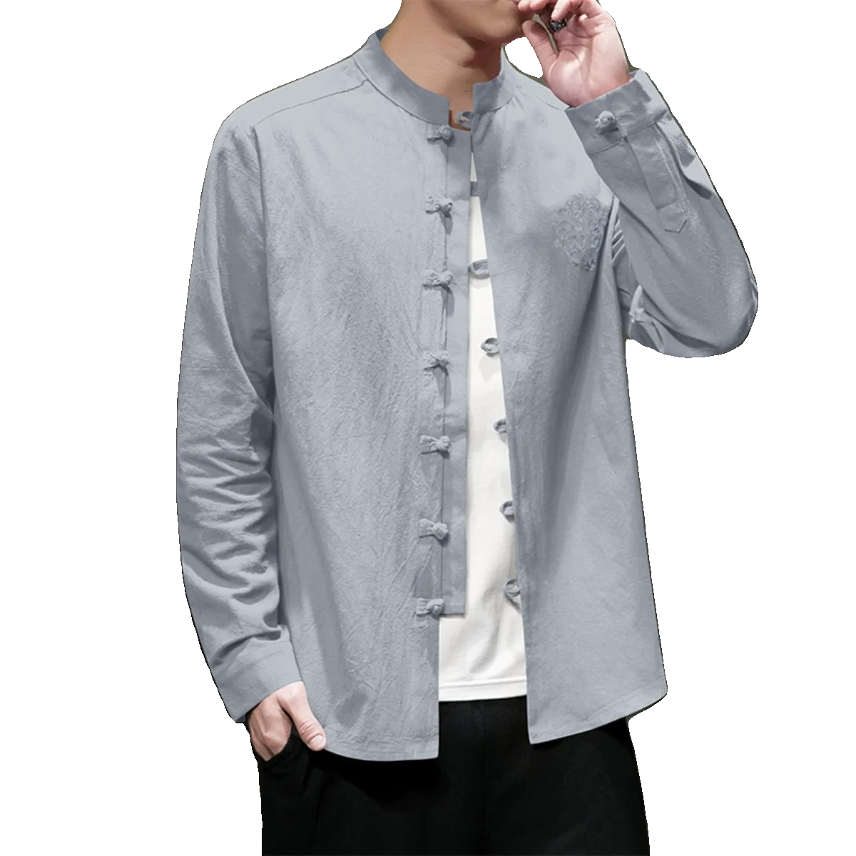 2024 Spring New Men Chinese Style Cotton Linen Shirt Men Solid Color Loose Shirts Traditional Kung Fu Tai Chi Hanfu Shirt