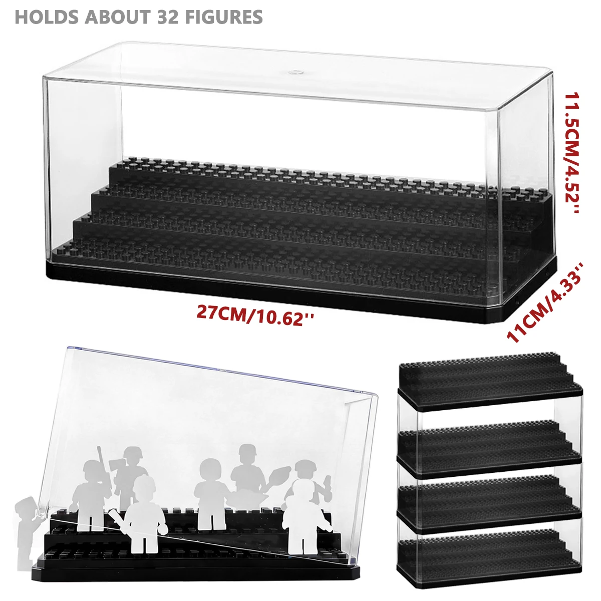 Holds 32 Figures-Clear Acrylic Tiered Display Case with 4-Tier Black Base (Suitable for Lego)