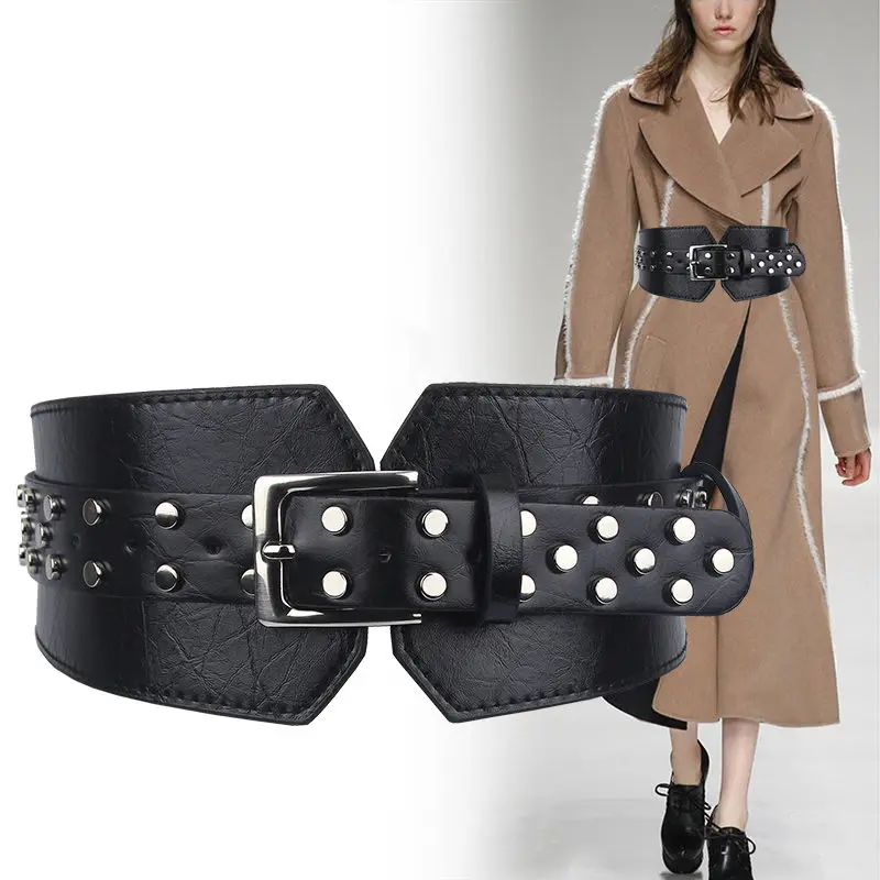 

New Black Leather Cummerbunds Female Woman Belt Studded Wide Women'S Belts Punk Rivet Stretchy Dress Waistbands Lady