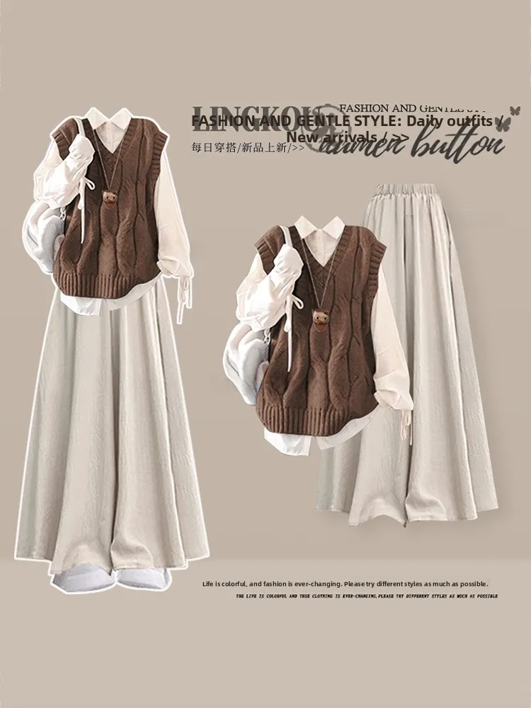 

plus Size Autumn Winter Korean Style Women's Knitted Vest Shirt Loose Slimming Casual Skirt Pants Three Piece Set Fashionable