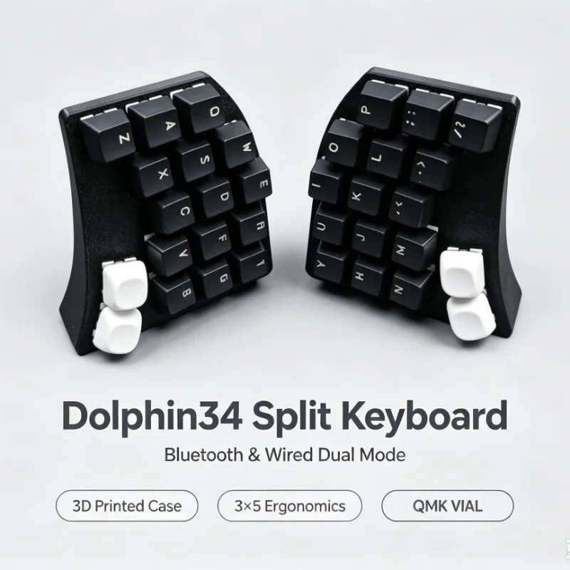 Dolphin34 Wireless Split Keyboard Ergonomics Hot Pluggable Zmk/vial Bluetooth Wired Dual-mode 3x5 Layout Portable Programming