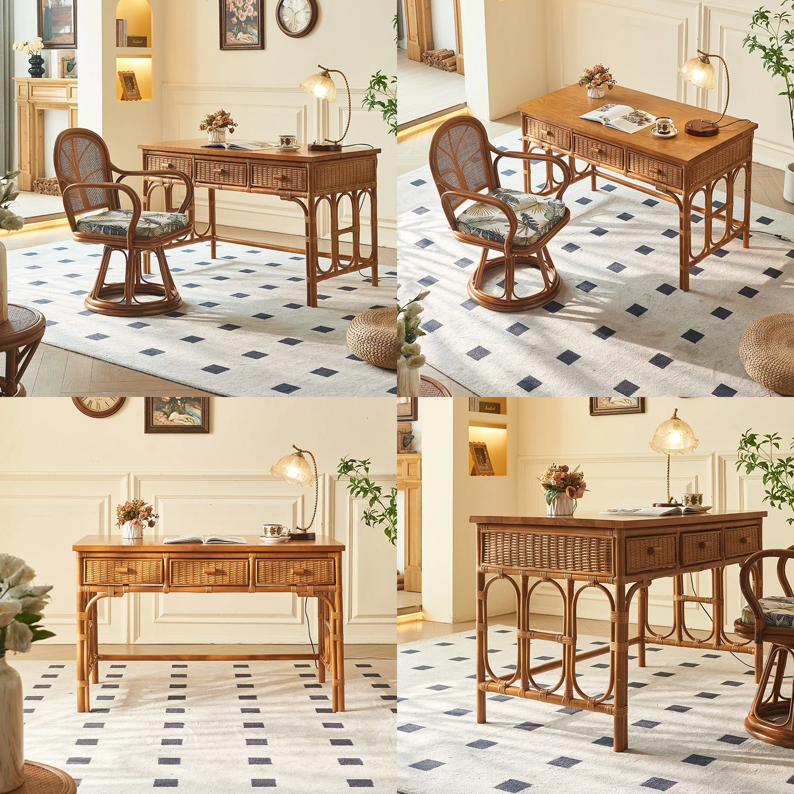 Mid-Century Woven Rattan Desk Chair Set, Boho Home Office Desk with Natural Rattan Table, Vintage Study Room Furniture