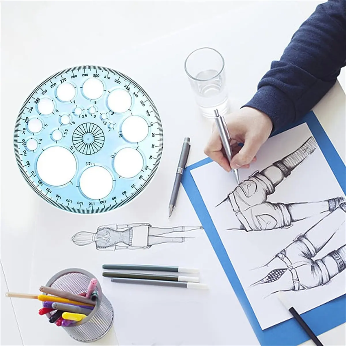 【Best Seller】Multifunctional Geometric Ruler, Geometric Drawing Template Measuring Tool Draft Rulers for School with Pencil