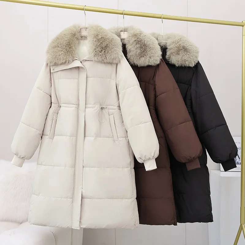 

2025 Korean Women's Down Cotton Jacket Parkas Long Cotton Padded Outerwear Fur Collar Ladies Winter Coat Casual Outerwear