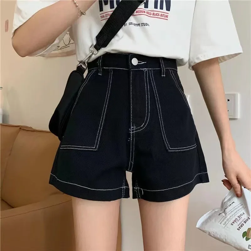 New Women Black Stitches High Waist Denim Shorts Summer Fashion Solid Colors Jeans Shorts All-Match Preppy Style Chi Girls Wears