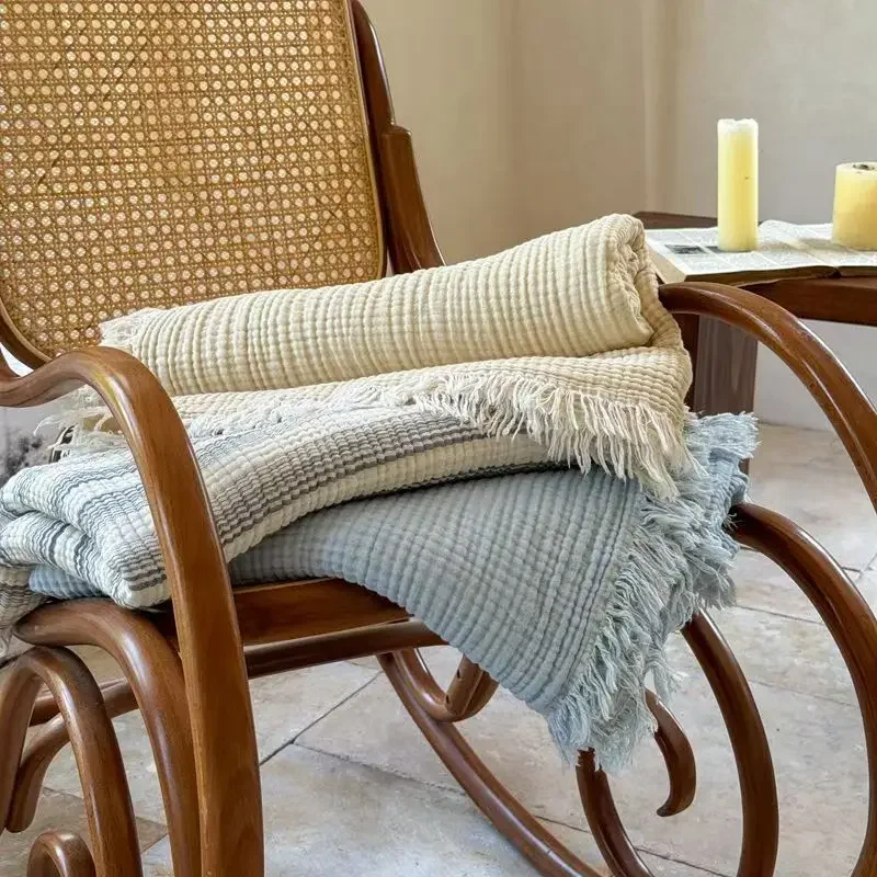 4-layer Pure Cotton Gauze Blanket With Tassels Sofa Throw Solid Color Bedding Class A Towel Quilt Home Office Knee Blankets