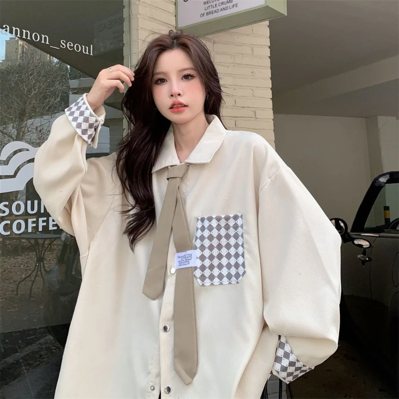 Tie Retro Contrasting Corduroy Shirt Jacket for Women\'s Spring and Autumn Loose Fit BF Lazy Style Long Sleeved Shirt Oversized