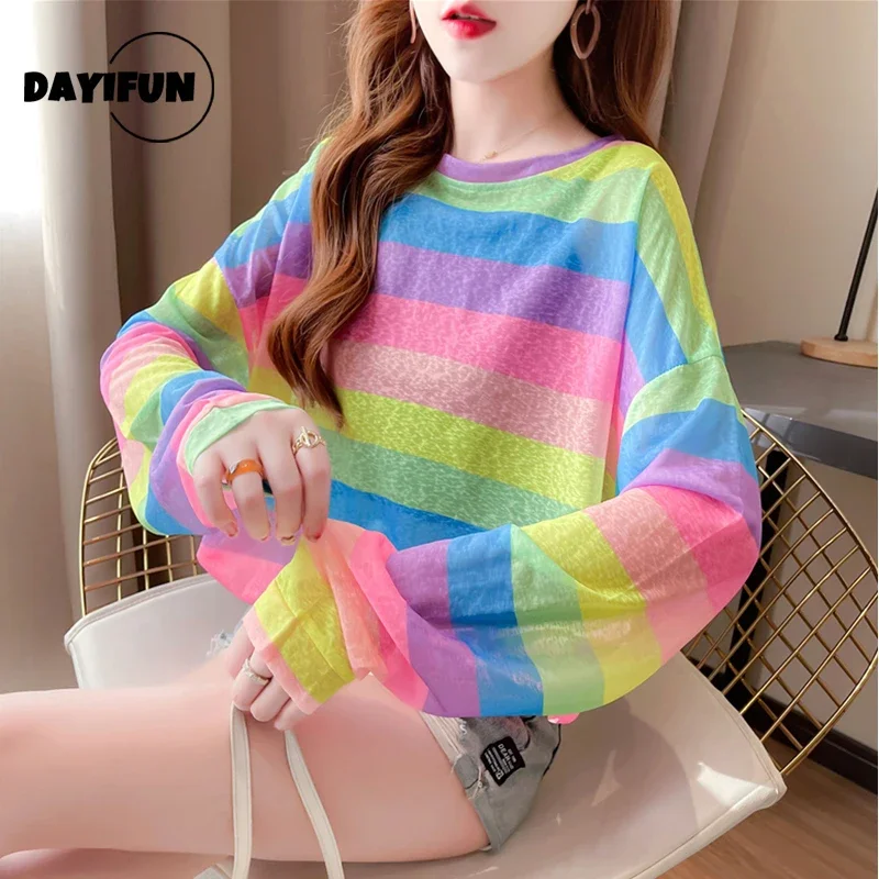 DAYIFUN Rainbow Striped T-shirts Women Oversize Transparent Tees Sexy Long Sleeve Harajuku Aesthetic Loose Casual Thin Mesh Tops