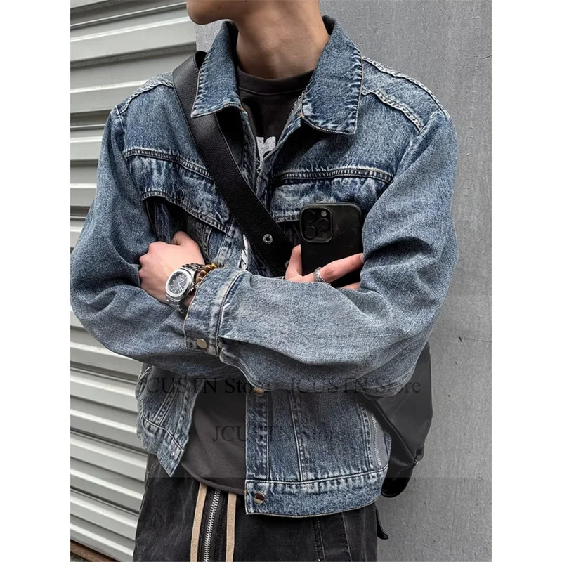 Retro Denim Jacket Washed Denim Coat for Men Autumn Winter Fashion Streetwear Hiphop Personality Design Turn Down Collar Outwear