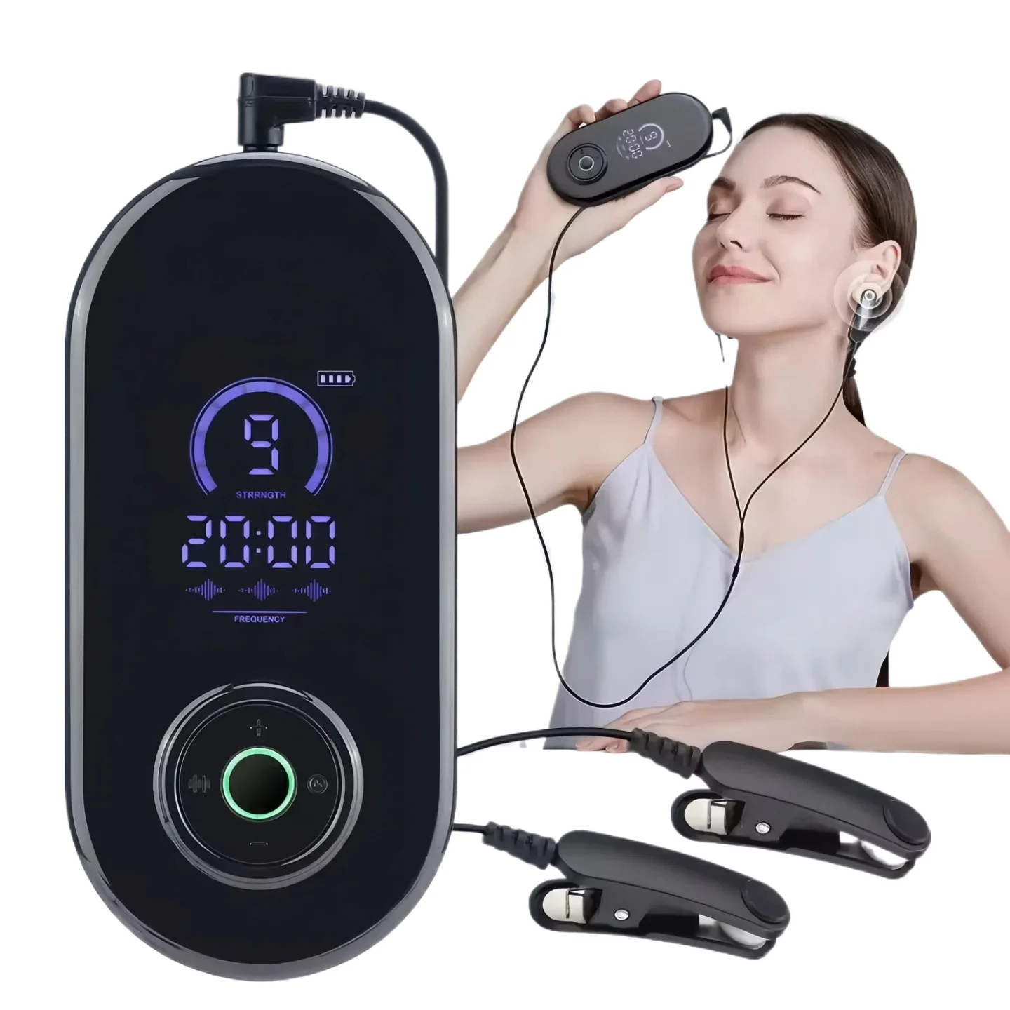 Smart sleep device, ear-clip design, 3 modes, 9 intensity levels, physical therapy, scientific sleep aid