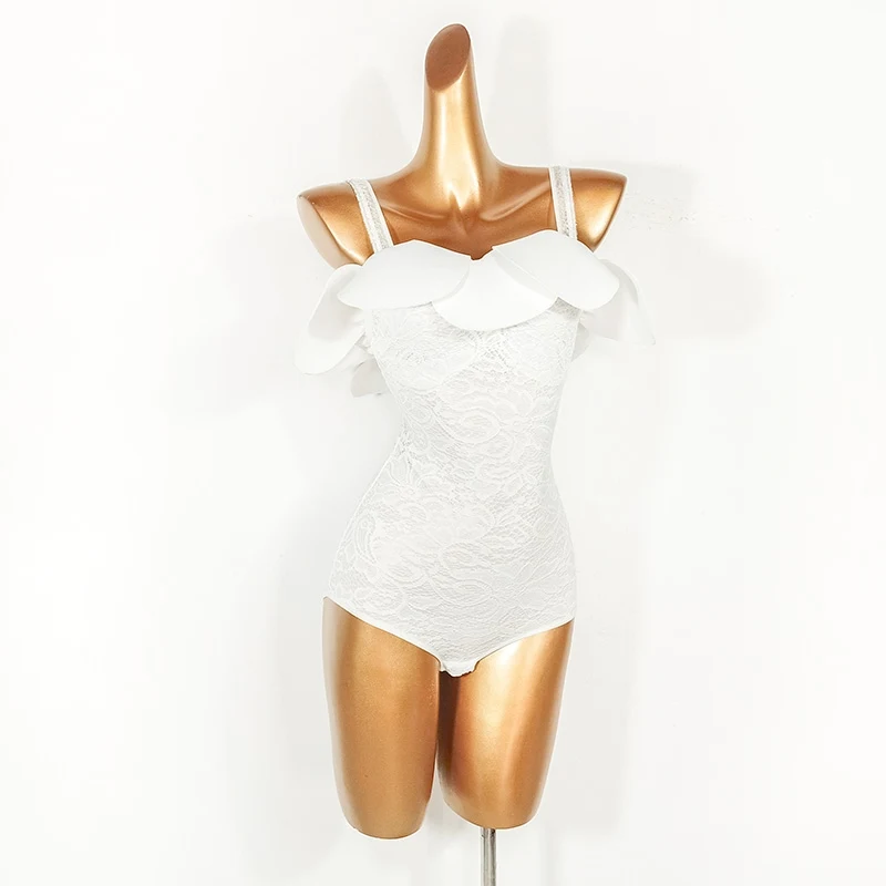 Robe de concours de danse latine blanche pour adultes, ensemble jupe body à épaules dénudées, Costume de spectacle de danse Rumba Samba Tango VDB6499