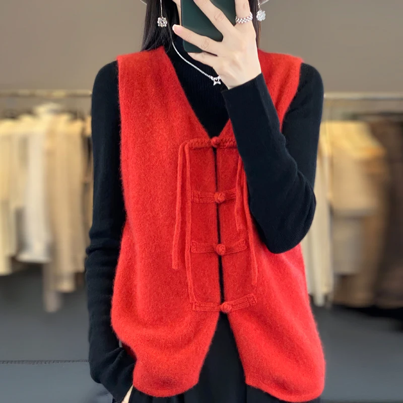 Autumn Winter New Chinese Style Vintage Plate Buckle 100 Pure Wool Vest Cardigan Women V-neck Solid Color Knitted Woolen Sweater