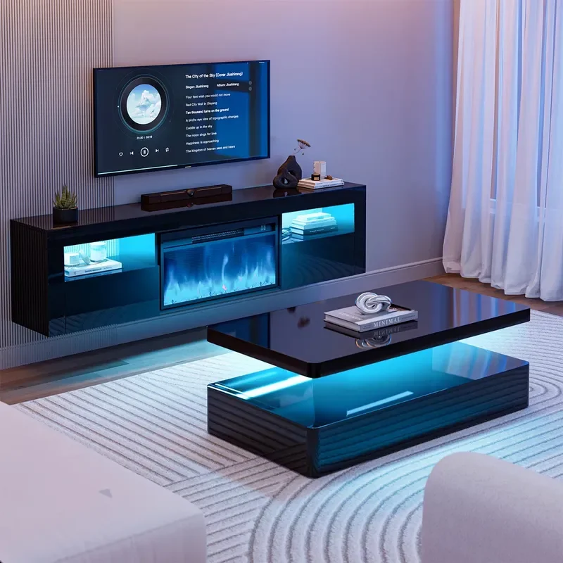 Custom High Gloss Floating TV Stand with 28 Inch Electric Fireplace 2 Cabinets LED Lights Wall Mounted Media Console