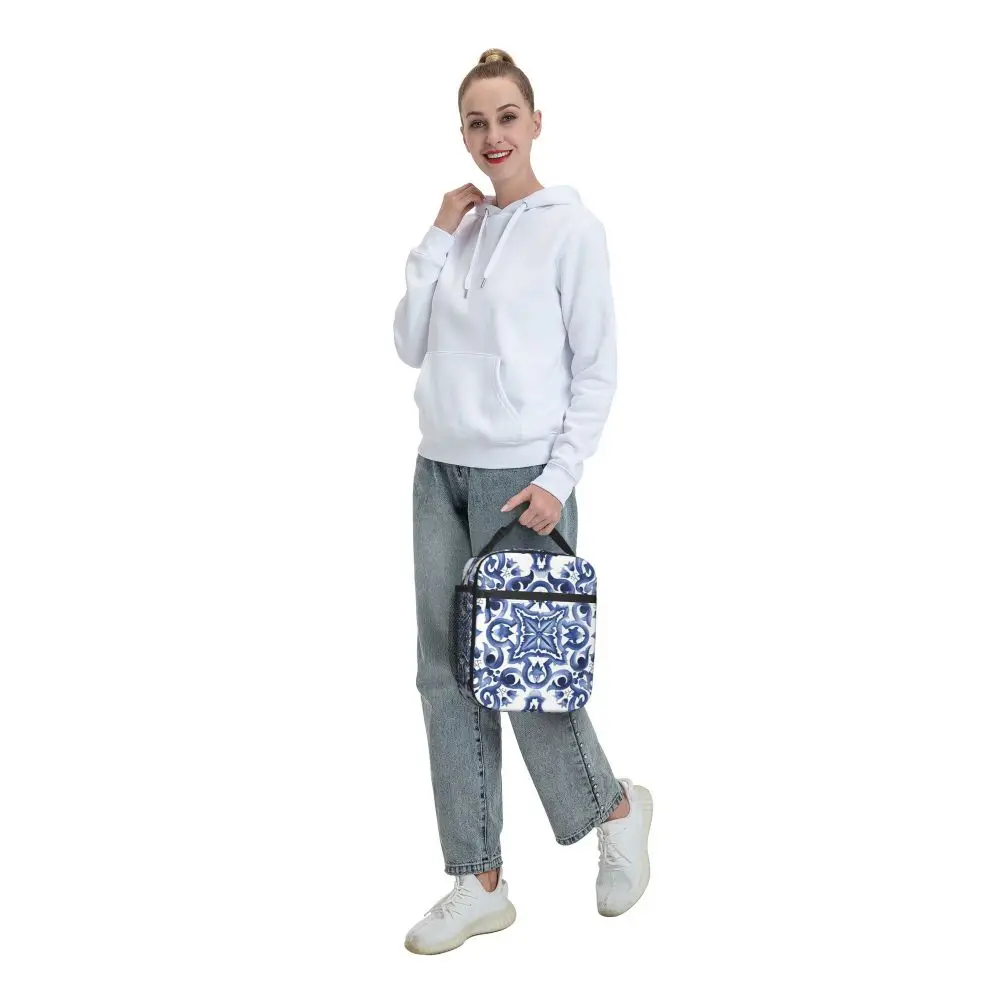 Blue Ornate Floral Mediterranean Sicilian Tile Insulated Lunch Bag for Women Kids Leakproof Food Boxes Thermal Lunch Box Tote