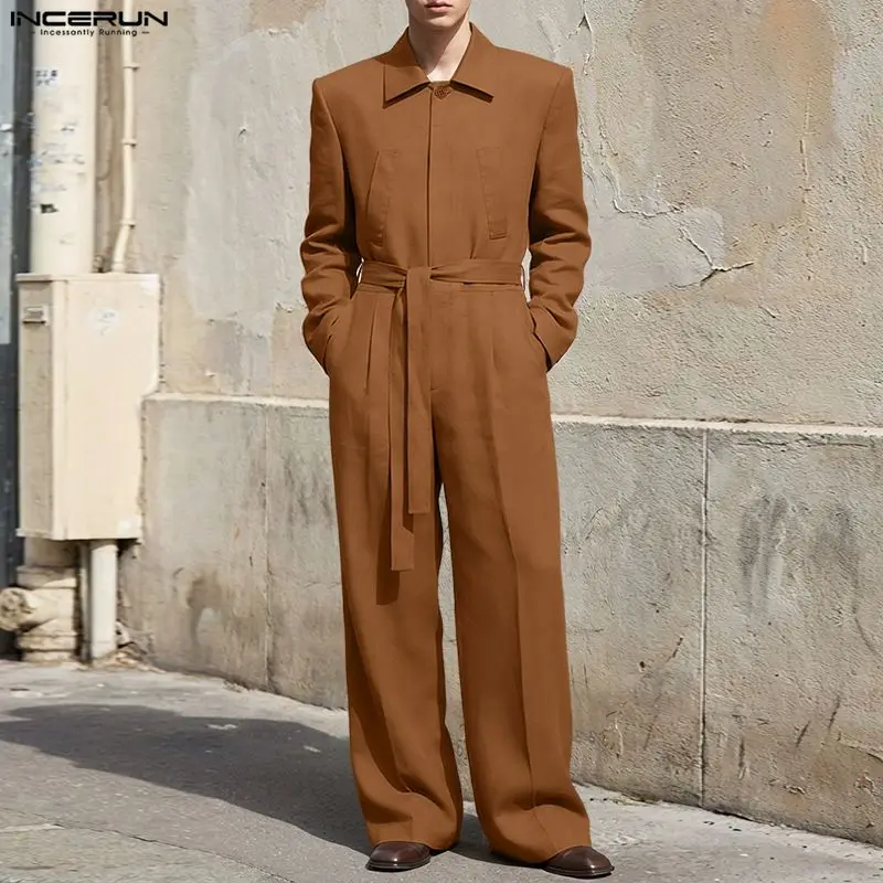Men Jumpsuits Solid Color Lapel Long Sleeve Casual Male Rompers With Belt INCERUN Streetwear Loose 2026 Fashion Overalls S-5XL