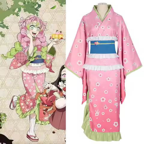 New Fashion Kanroji Mitsuri Cosplay Costume Pink Kimono Dress Outfits Halloween Carnival Party Disguise Women Suits