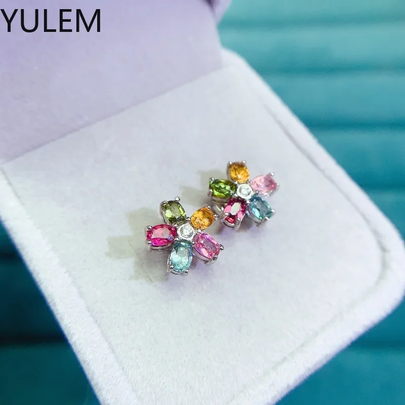 YULEM 925 Sterling Silver Natural 3x4mm Oval Cut Tourmaline Flower Stud Earrings, Rainbow Color Gemstone Ear Jewelry for Ladies