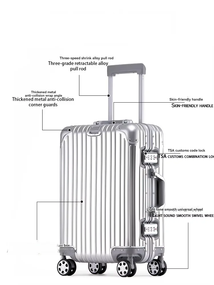 Bagagem de liga de alumínio e magnésio, caixa de senha de grande capacidade, mala feminina de 26 polegadas, caixa de viagem com roda universal, boa de 20 polegadas