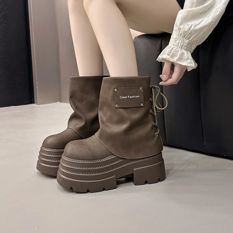 

Женские мотоциклетные ботинки на массивном каблуке 10 см, осенние кожаные кроссовки на скрытом каблуке, зимние непромокаемые зимние ботинки, короткие ботинки на высокой платформе