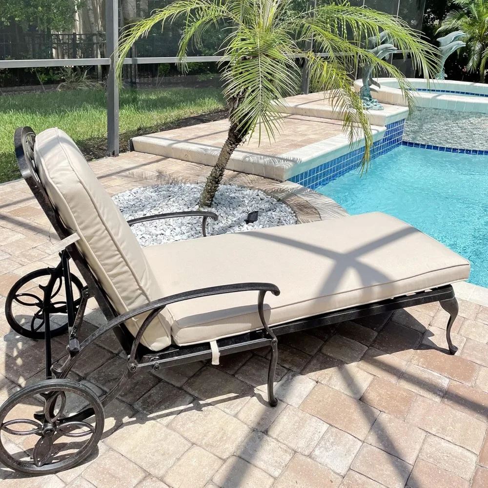 Pool Lounge Chairs with Cushion Cast Aluminum Waterproof Lounger with Wheels and Adjustable Reclining, Outdoor Lounge Chair