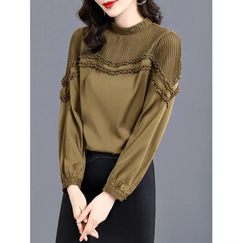 Elegant O-Neck Solid Color Folds Blouses Oversized Loose Casual Pullovers 2022 Autumn New Commute Women Clothing All-match Shirt