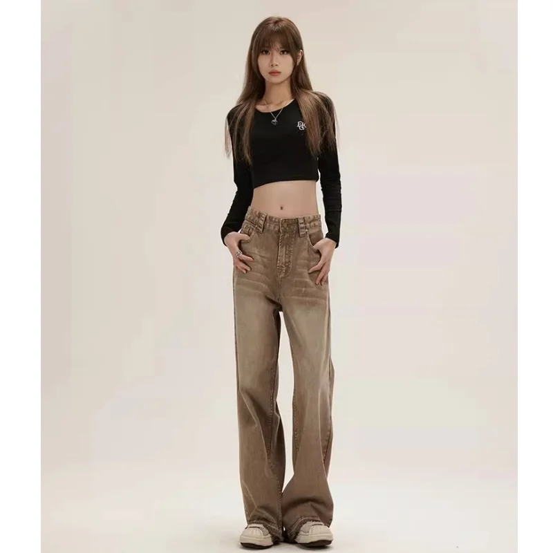 Brown NEW Y2k Loose Women\'s jeans American High Street Worn out Wide Leg Pants TIKTOK Hip-hop Rock and Roll Style Baggy Trousers