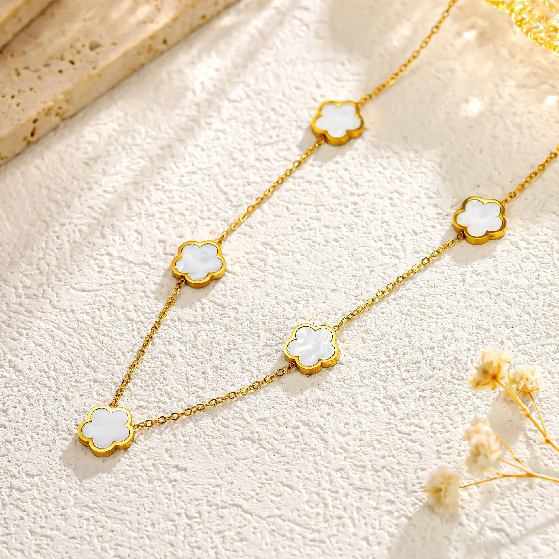 IFYOUOO Stainless Steel White Five Leaf Flower Necklace Bracelets Earring For Women Fashion Waterproof Clover Jewelry Gift image 6