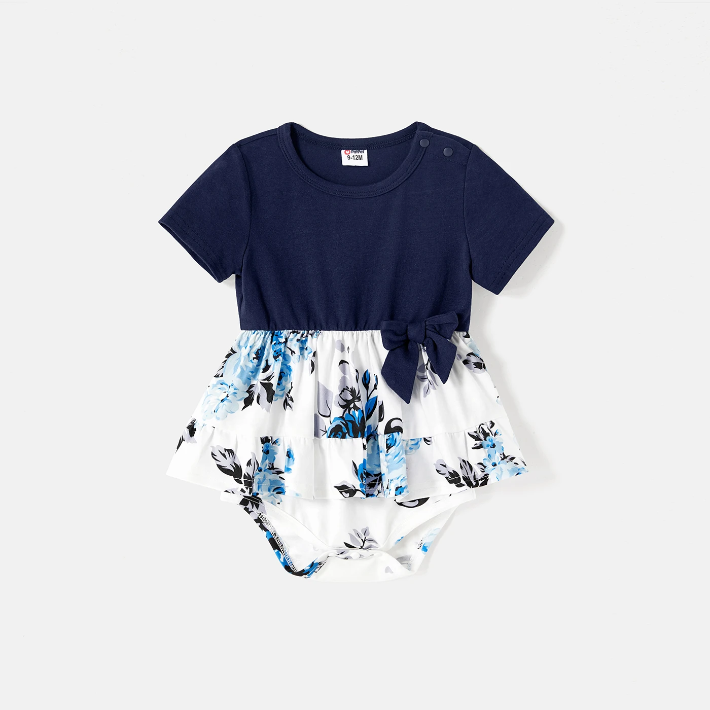 PatPat Family Matching 95% Cotton Dark Blue Short-sleeve T-shirts Floral Print Spliced Dresses Outfitts