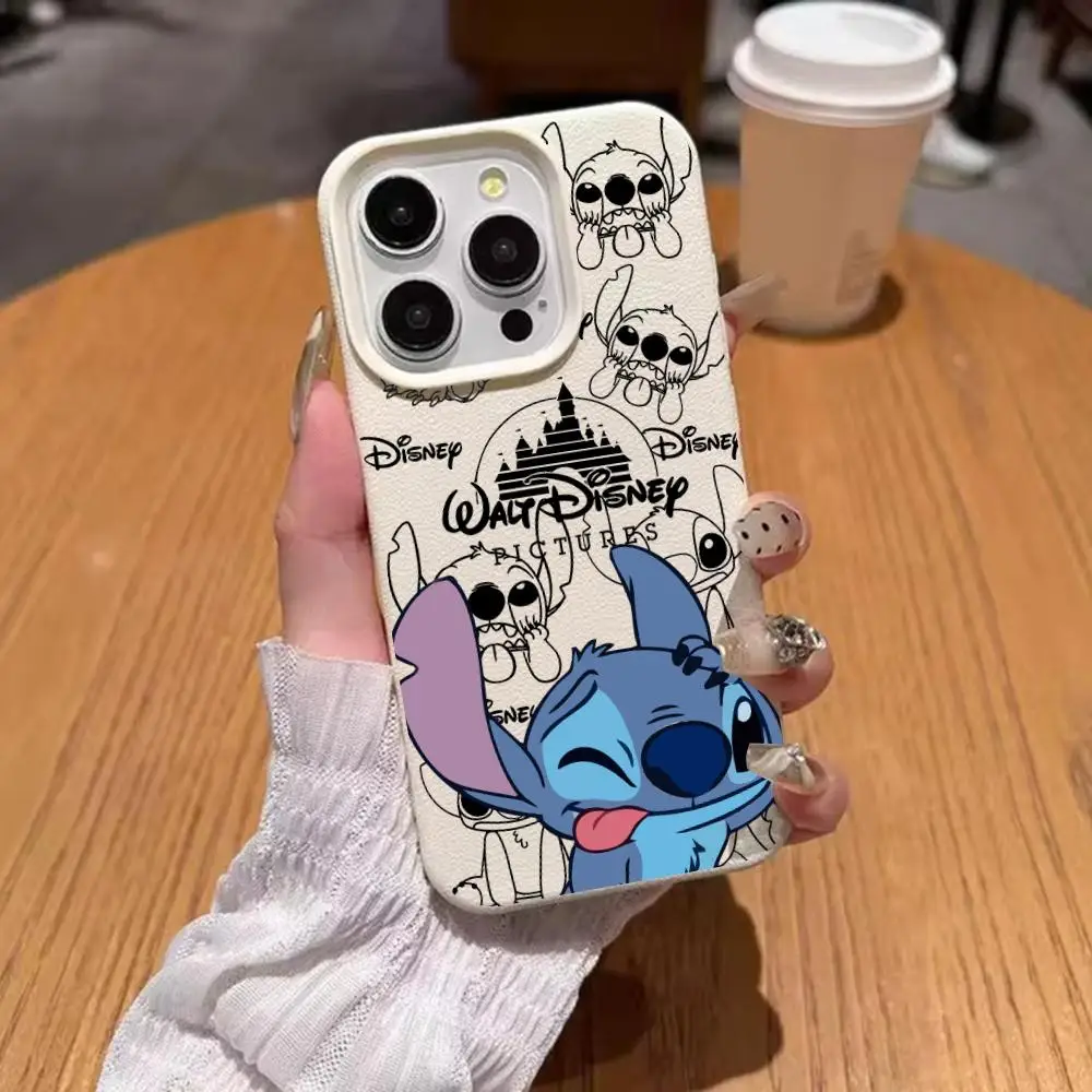 MINISO-Monster Cute Stitch-S Phone Case Silicone Litchi Lines Leather For IPhone 15 11 14 Plus 16 Pro Max 12 13 Cover