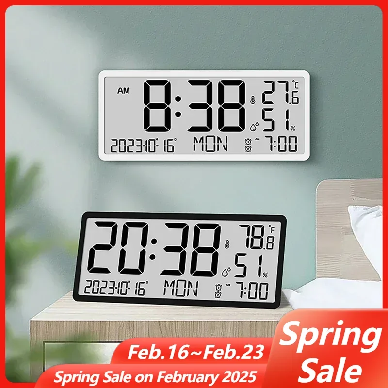 Battery Powered LCD Digital Wall Clock Large Screen Temperature Humidity Electronic Clock Date Week Time Mute Desktop Clock