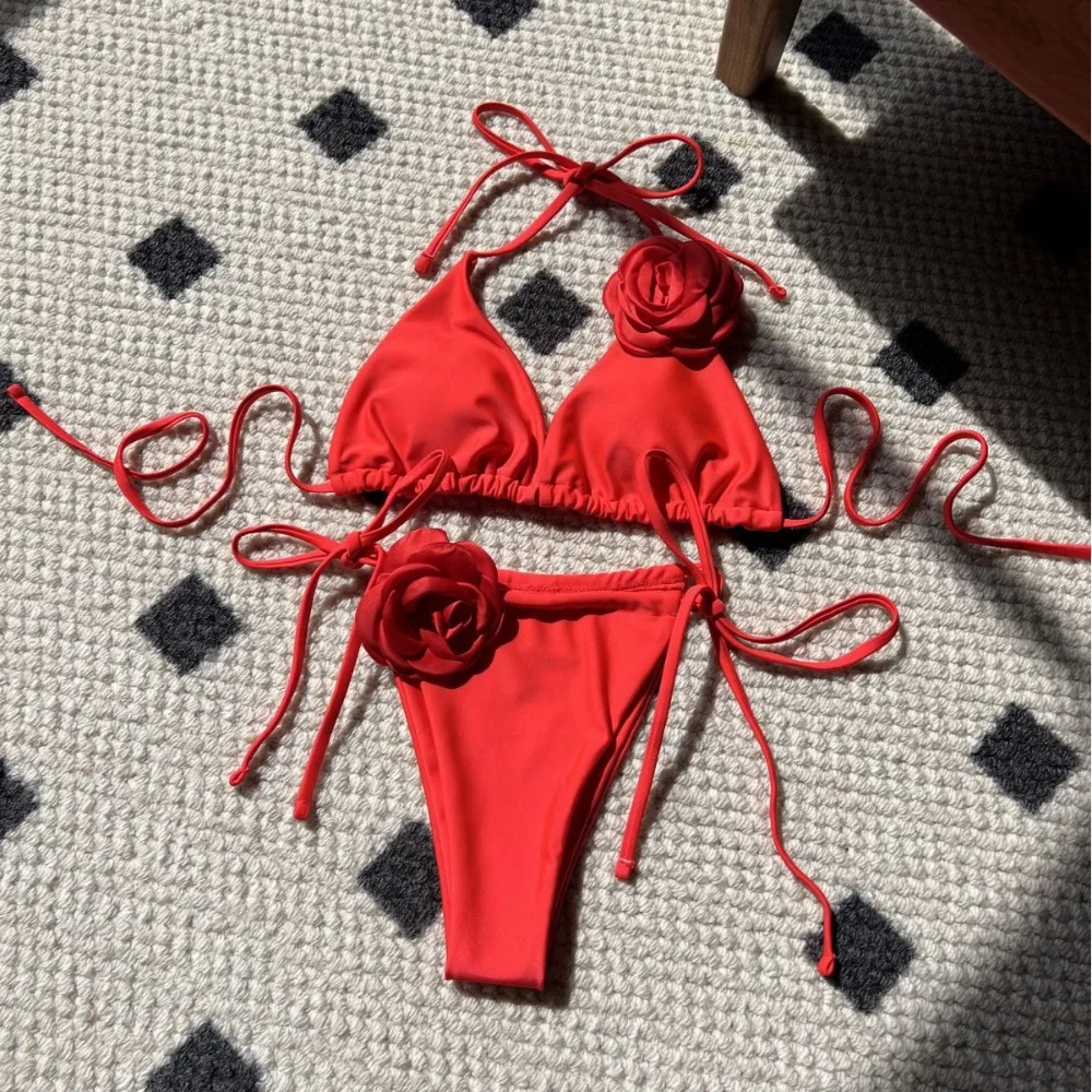 Trendy with Rose Bikini Set Backless Sexy Two Pieces Swimsuit Solid Color Bathing Suit