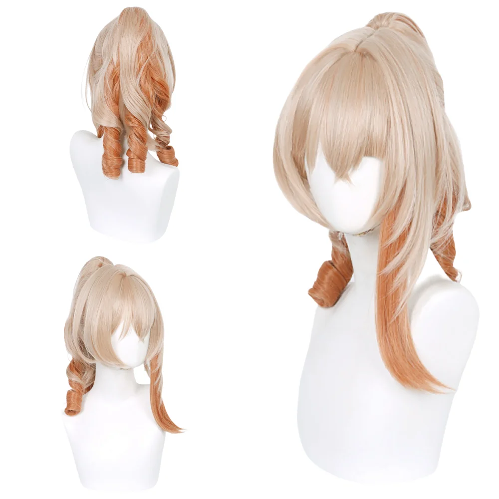 Yoimiya Cosplay Wig Gradient Blonde Orange Detachable High Ponytail Spiral Curly Heat Resistant Synthetic Wig For Daily Party