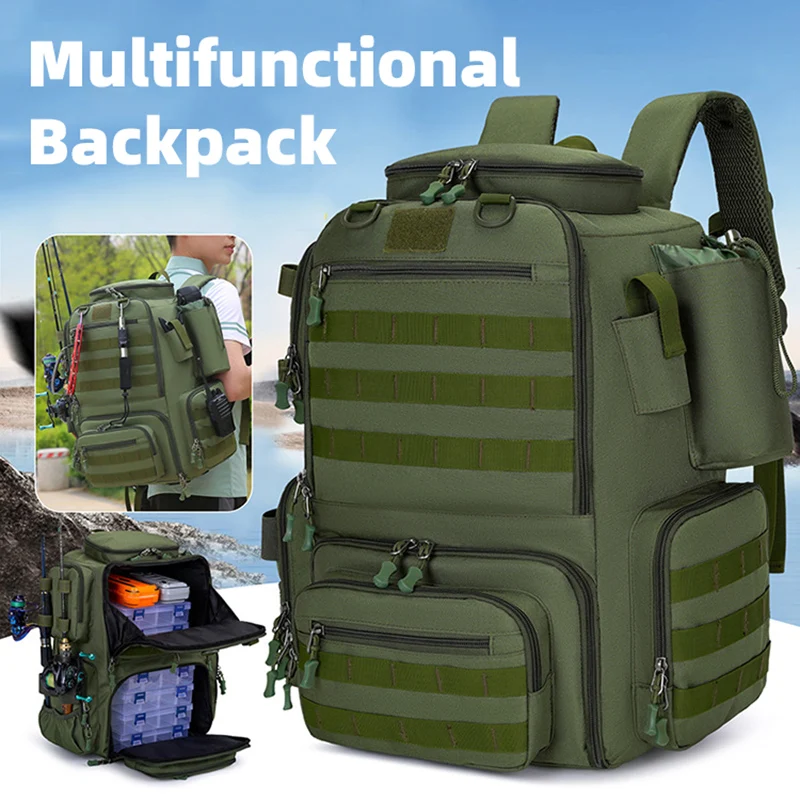 

Tactical Climbing Backpack with Rod Holders Large Storage Molle Lure Fishing Cycling Hiking Travel Bag Outdoor Luggage Rucksack