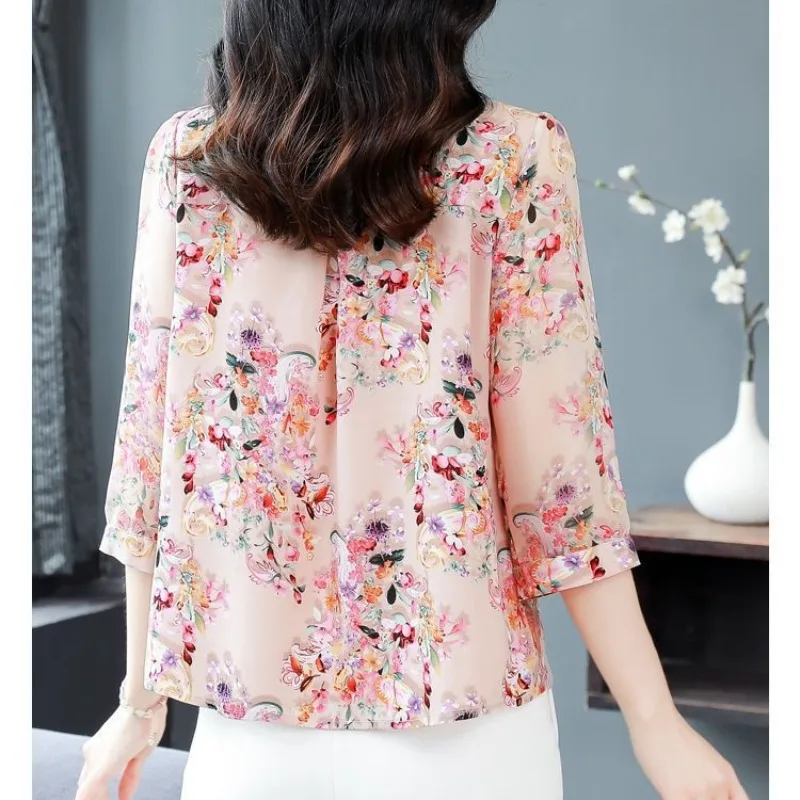 2024 Summer New Fashion Chiffon Blouses Women\'s Polo Neck Loose Spliced 3/4 Sleeve Korean Commute Printing Single-breasted Shirt