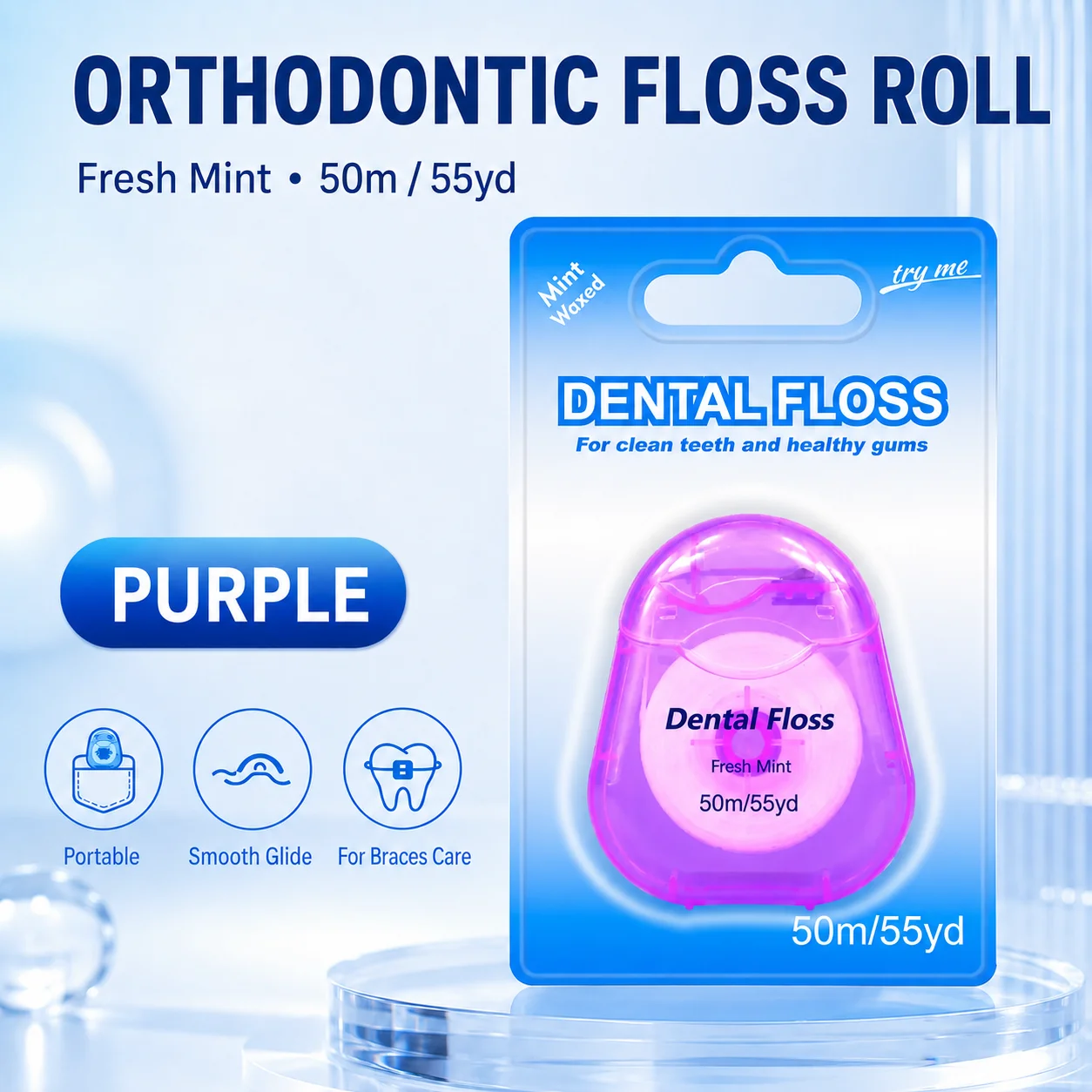 50 Meter Purple Pack Mint Braces Cleaning Floss Spool, Smooth Unbreakable Waxed Floss for Home & Travel Use