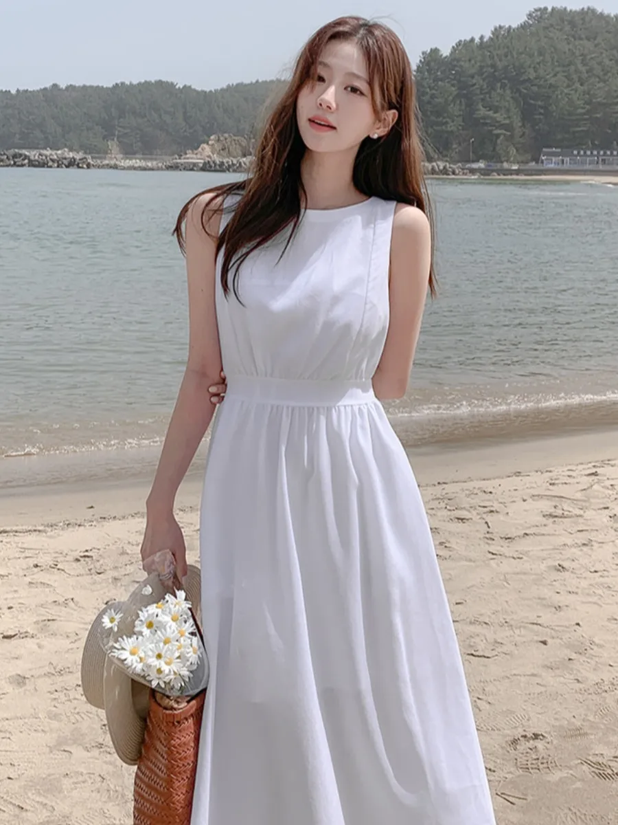 Chic Summer Gentle Wind round Ne  Color High Waist Slimming First Love Vest Dr Women's Svel Tank Dr