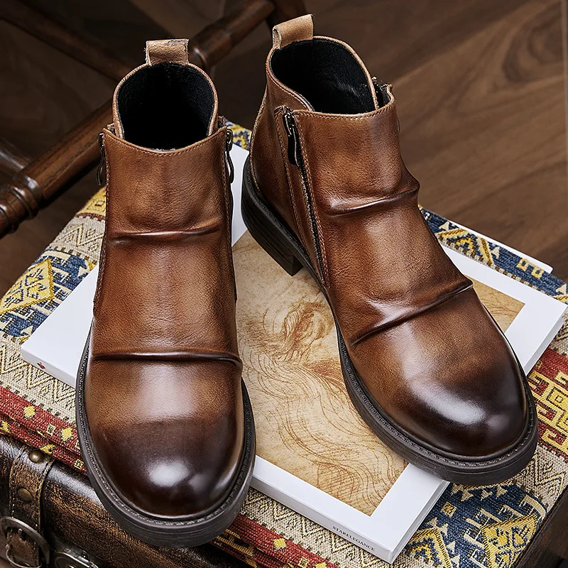 New Men Ankle Boots Genuine Leather British Fashion Thick Sole Chelsea Motorcycle Boots Male Shoes Work Outdoor Desert Boots