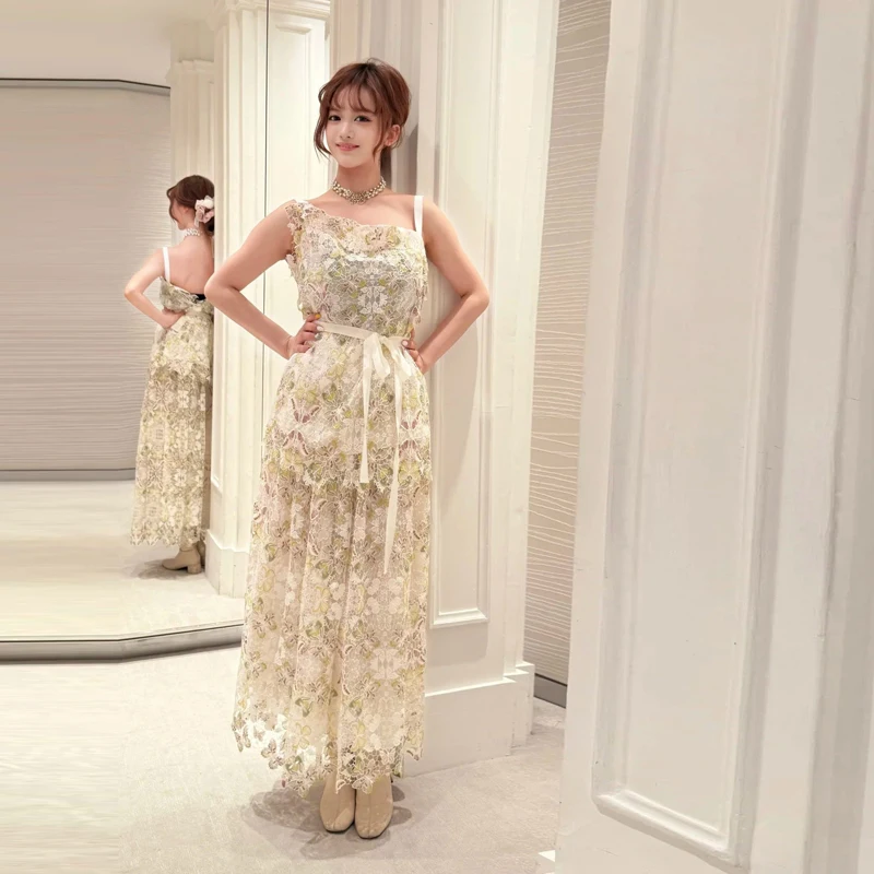 

Elegant Embroidered Lace Top Shoulder Bared Fashionable Hollow out Skirt Set for Women Summer 2025