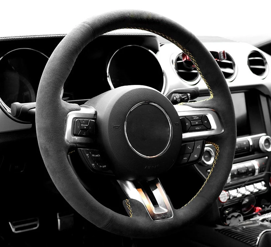 Genuine Leather Yellow Thread Steering Wheel Cover Wrap For Alcantera Car Accessoires Specifically for Ford Mustang 2015-2021