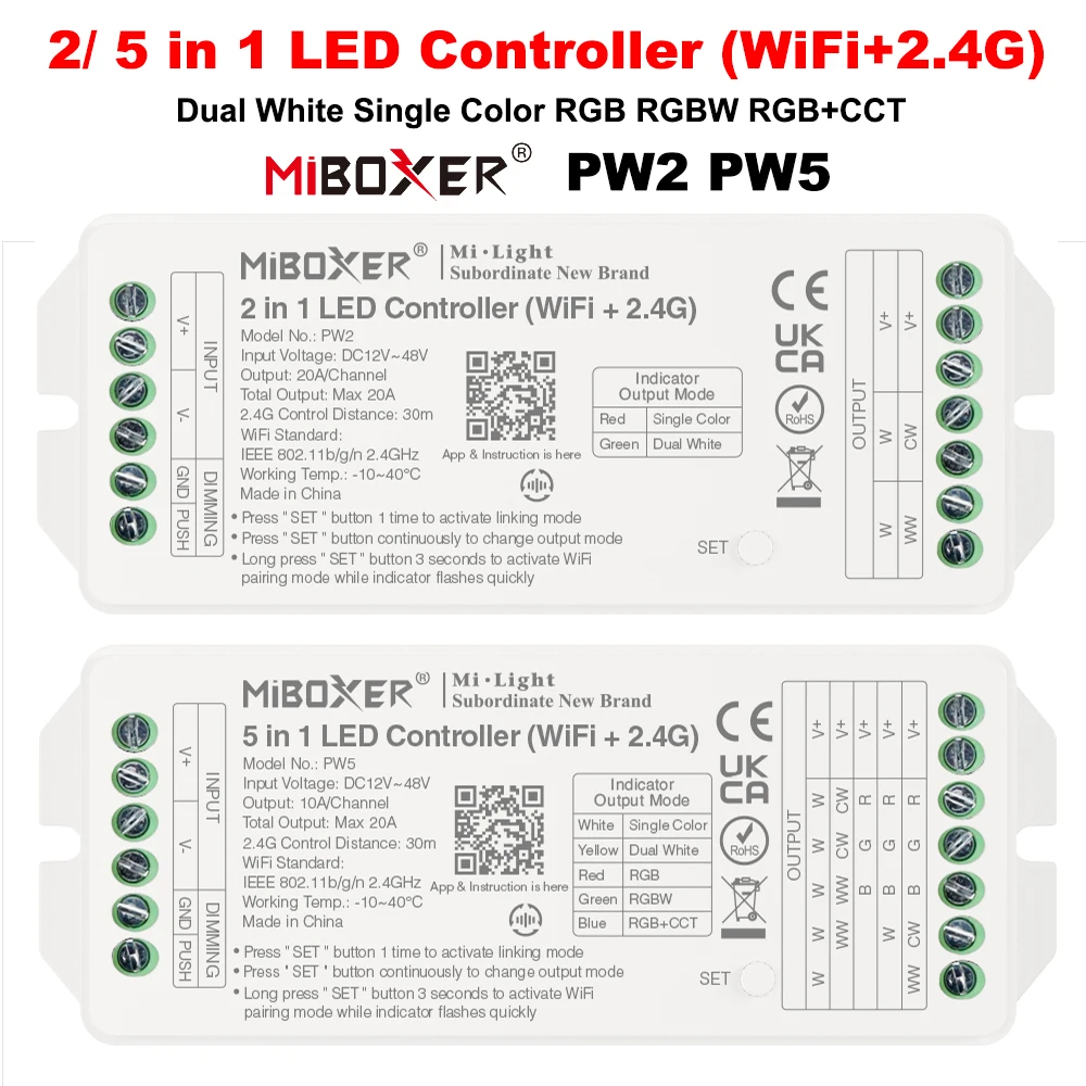 Miboxer WIFI +2.4G RF LED Controller PW2 2IN1 PW5 5IN1 Output Max 20A For Single Color/Dual White/RGB/RGBW/RGB+CCT Led Strip