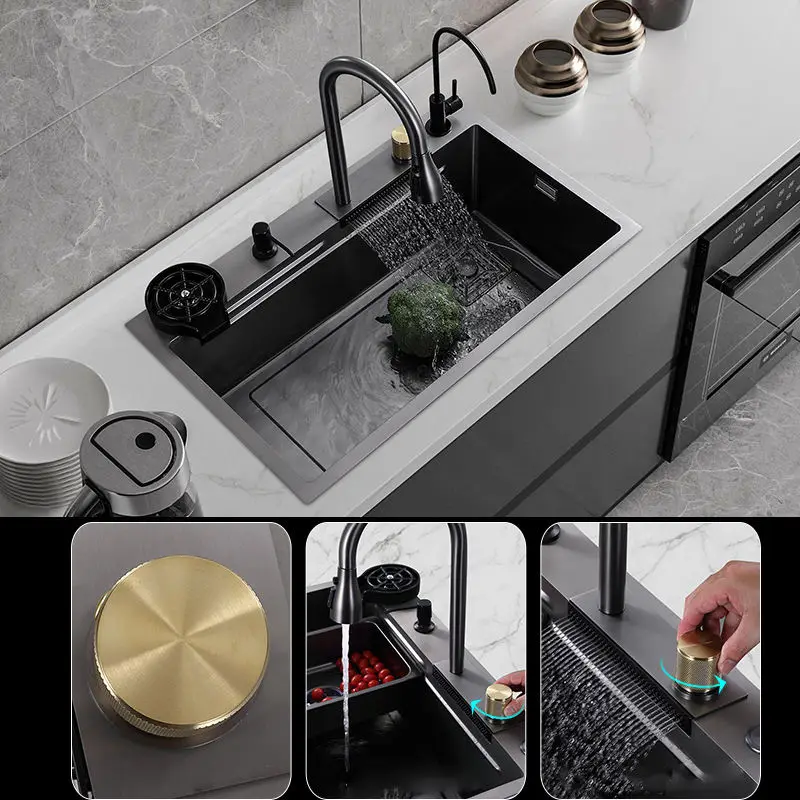 

ROVATE Modern Handmade Nanometer Sink Kitchen 304 Stainless Steel Waterfall Kitchen Sink With Waterfall Faucet