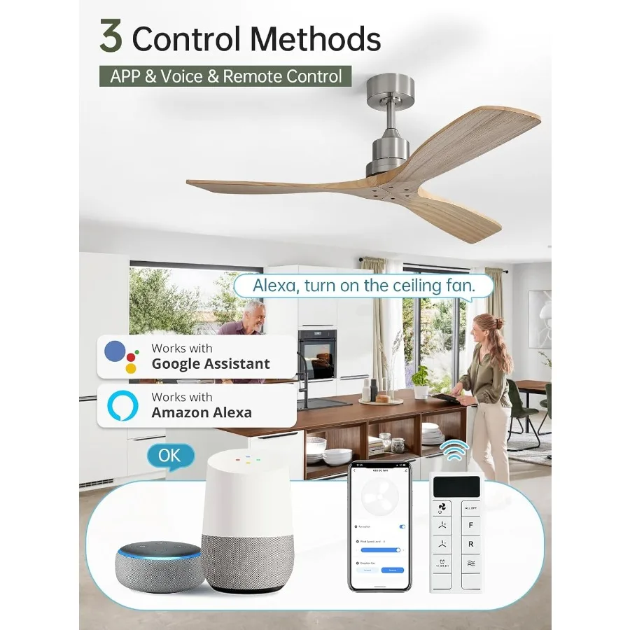 مروحة سقف ذكية مقاس 52 بوصة بدون ضوء لغرفة النوم وغرفة المعيشة والمزرعة الداخلية والفناء بتصميم حديث من الخشب الصلب مع جهاز تحكم عن بعد للتطبيق #2