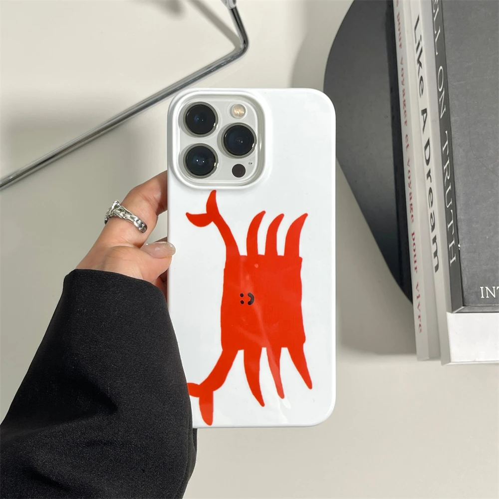 Ins Korean Cute Simple Graffiti Red Crab Phone Case for iPhone 16 15 14 13 12 11 Pro Max XS XR XSMax 6 7 8 Plus Glossy HD Cover