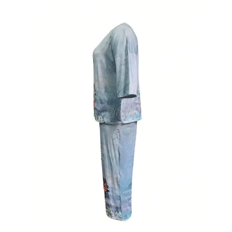 حجم كبير 1XL-5XL امرأة الموضة الجديدة 2 قطعة السراويل و تي شيرت السيدات بدلة غير رسمية عالية الخصر السراويل موضة قطعتين مجموعات ﻿