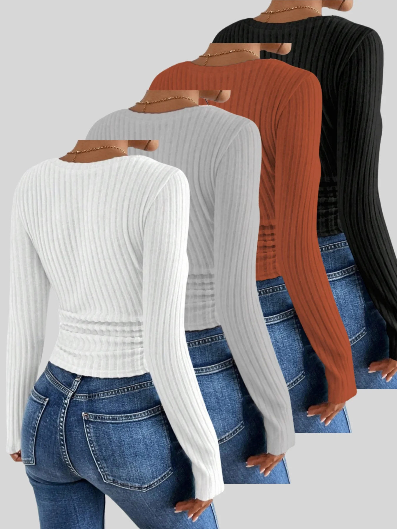 Women 4 Pack V Neck Ribbed Knit Flare Long Sleeve Top Slim Fit Solid Basic Casual Daily Going Out Fitted Knitwear Multi Pack Top