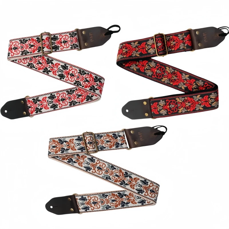 Correa de guitarra Miwayer Vintage con flores, cinturón de algodón suave bordado y cabezal de cuero, correa ajustable creativa para bajo