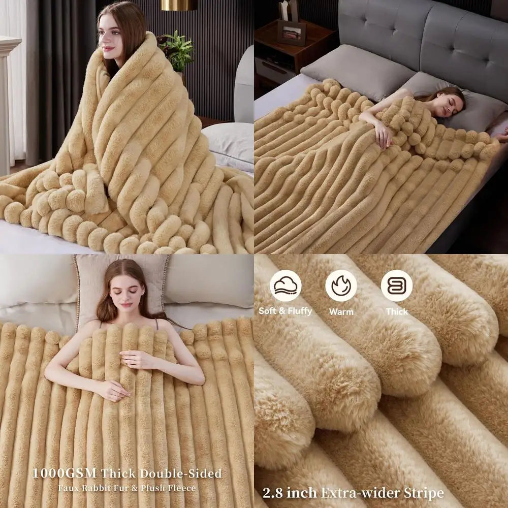 

Luxury Striped Faux Fur Blanket, 1000GSM Plush Throw, 60x80 Beige for Cozy Home & Gifts